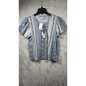 Lucky Brand NEW Women Top Blouse M Blue Tassel Tie Pullover Short Sleeve Stretch